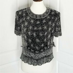 VTG 100% Silk Black Metallic Floral Beaded Blouse Size XL